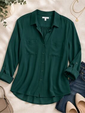 Maurices Emerald Green Silky Button Down Blouse XL Lightweight Flowy Top